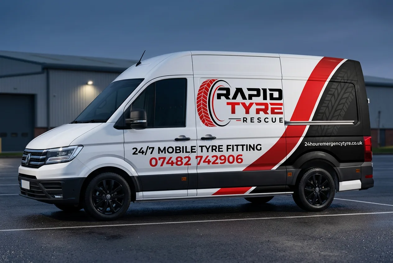 The Rapid Tyre Rescue mobile tyre fitting van, a white Volkswagen Crafter with sign writing on the side