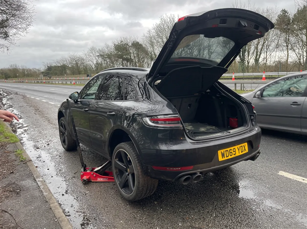 Porsche Macan jacked up at the roadside for an emergency tyre fitting