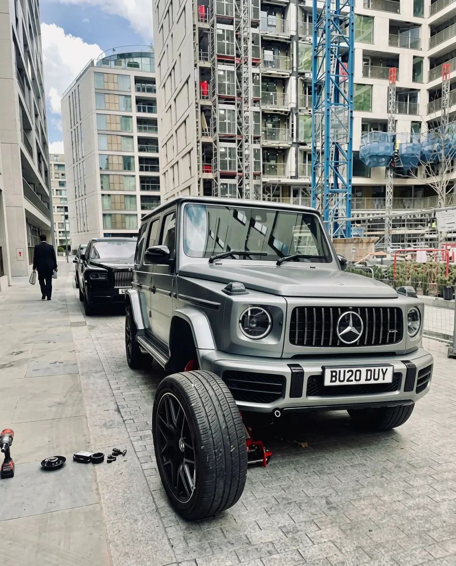 Mercedes G63 with wheel removed for a tyre replacement in London