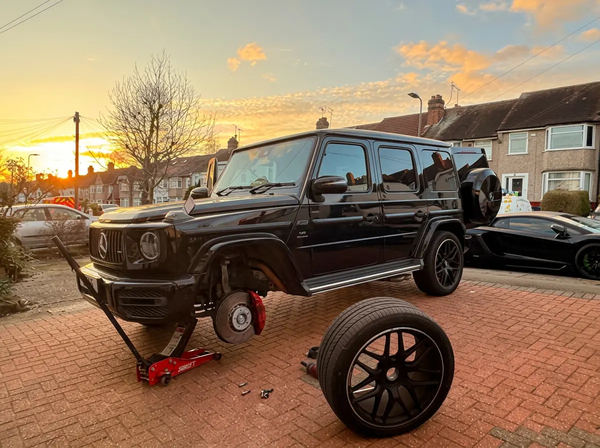 Mercedes G-Class wheel off during a mobile tyre fitting on a driveway